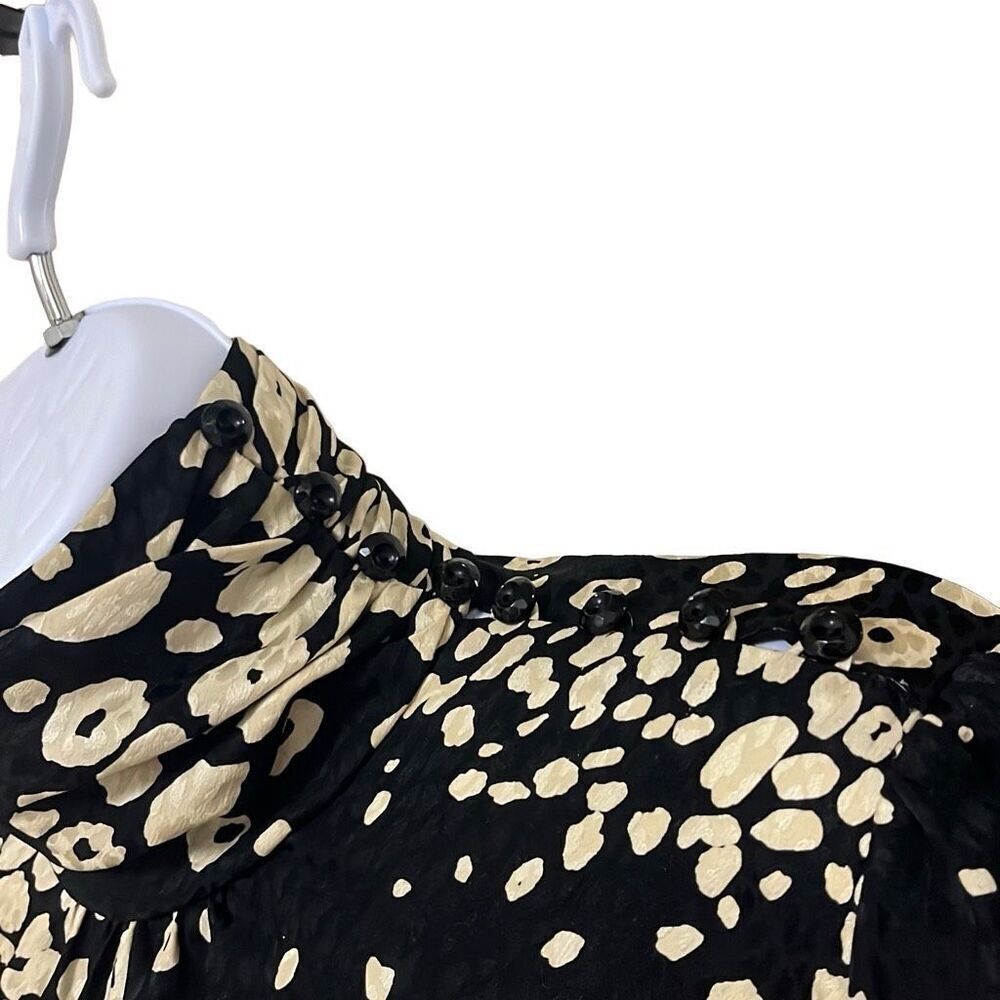 Tuleh Black Gold Animal Leopard Print 100% Silk High Neck Blouson Midi Dress XS‎ - Picture 4 of 12